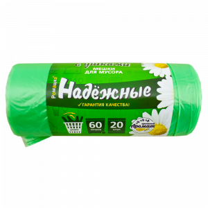 Пакет мусорный с ушками 60л 15мкм зеленый 60х74см 1рул - 20шт Надежные