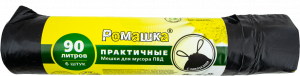 Пакет мусорный с завязками 90л 45мкм черный 1рул - 6шт Ромашка